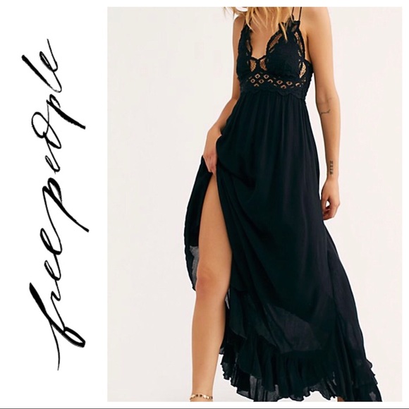 NWT $128 Free People Adela Lace Maxi Slip Black - Picture 7 of 8